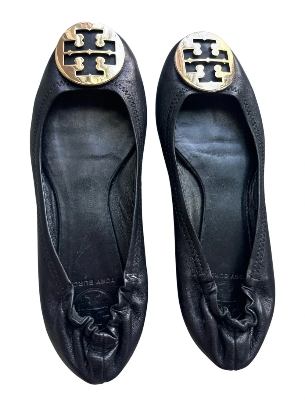 Tory Burch Black Leather Ballet Flats with Gold Logo Medallion